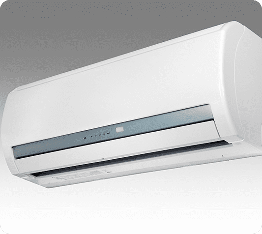 A white air conditioner mounted on the ceiling.