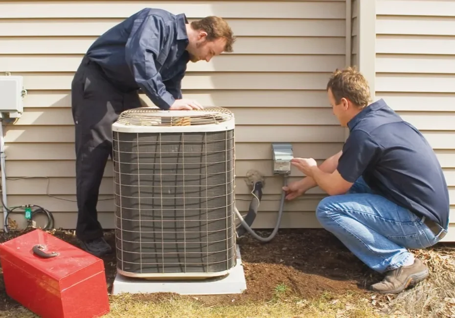 Two men working on an air conditioner outside.